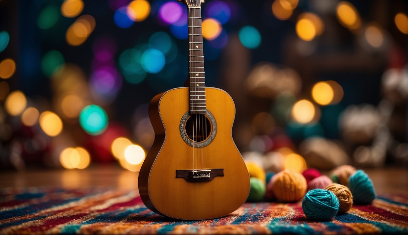 A small guitar sits on a colorful rug, surrounded by toys. Its bright strings and smooth wood make it perfect for a child's hands