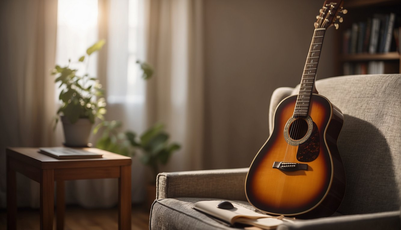 A small guitar sits on a child-sized chair, surrounded by music books and a metronome. The room is filled with natural light, creating a warm and inviting atmosphere for young guitar learners