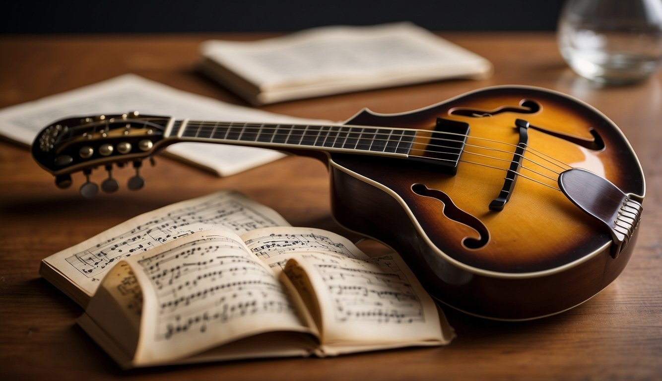 A mandolin rests on a wooden table, surrounded by sheet music and a tuner. A soft light illuminates the instrument, inviting the viewer to pick it up and start playing