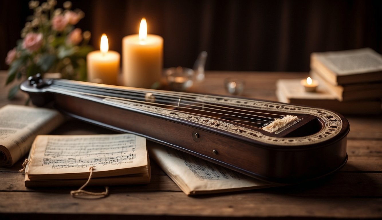 A zither rests on a wooden table surrounded by old sheet music and a candle, evoking the historical context of popular zither music songs
