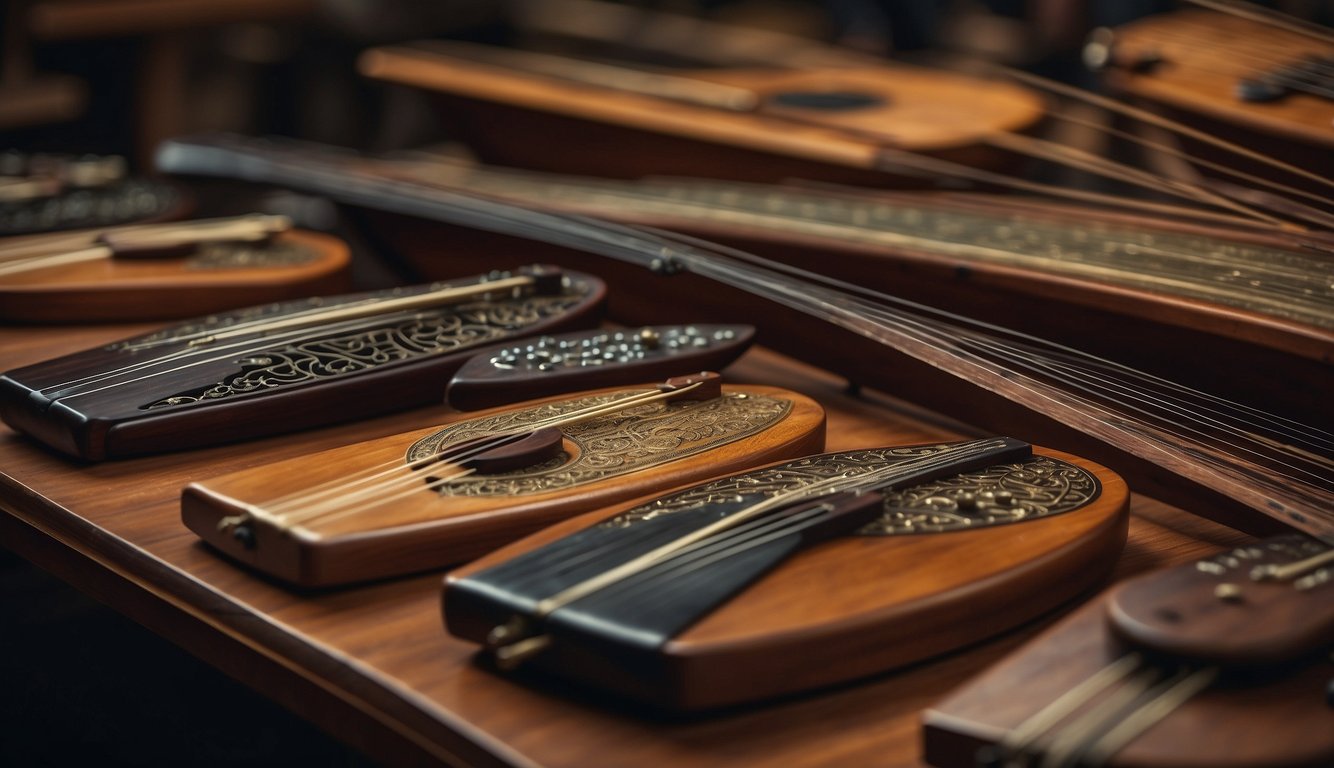 A collection of zithers from different cultures and time periods, including the Chinese guzheng, the German concert zither, and the Persian santur