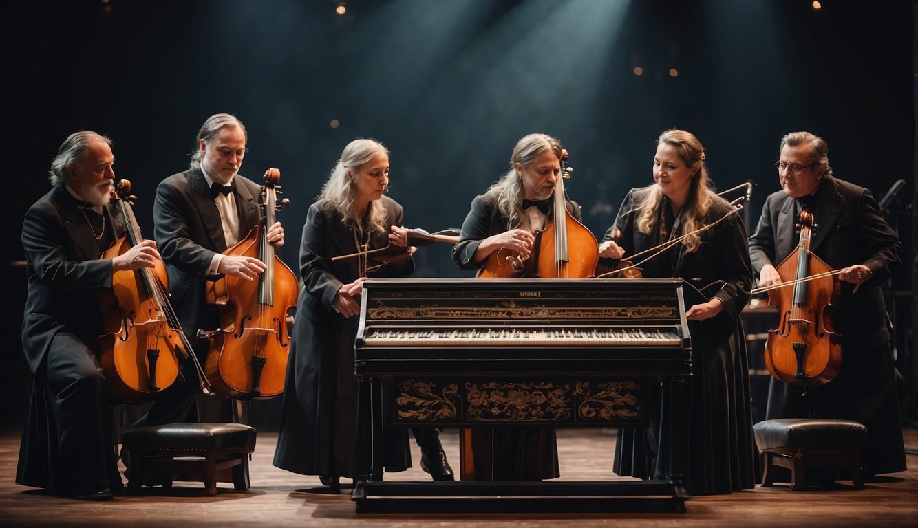 A stage with iconic zither instruments and their influential players