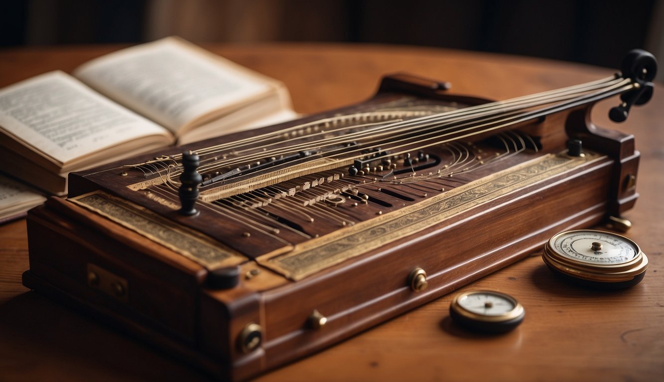 A zither resting on a wooden table, surrounded by sheet music and a metronome