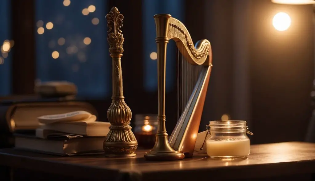 A harp sits on a wooden stool, its strings glinting in the light. A sheet of music is open on a stand nearby, and a small jar of hand cream sits next to it