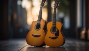 A guitar and a harp sit side by side, their strings vibrating in unison, creating a harmonious blend of melodic tones