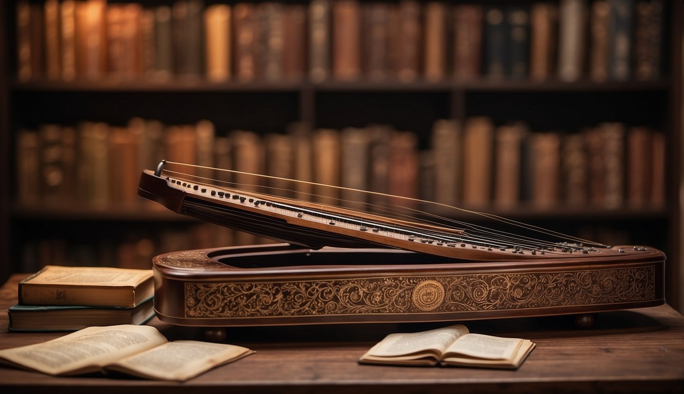 A zither rests on a wooden table, surrounded by books and historical documents. A timeline of its evolution is depicted on the wall behind it
