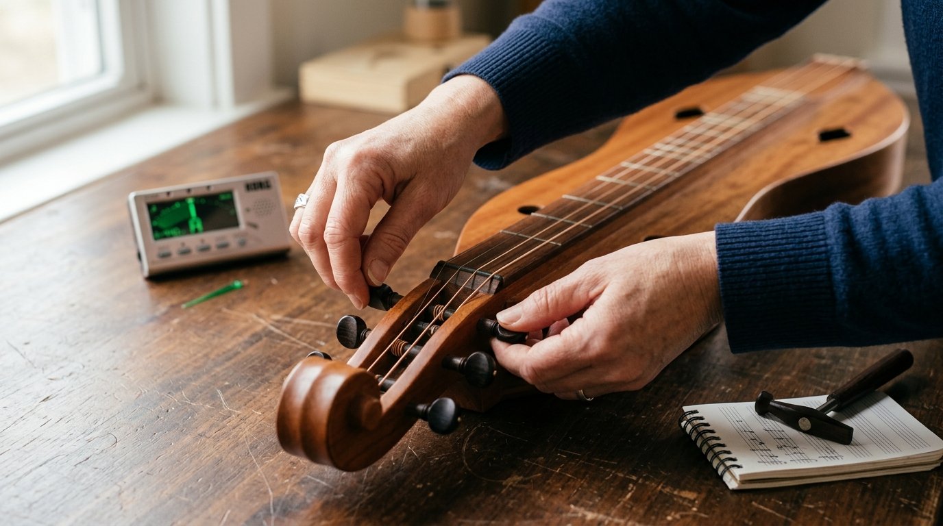 Hands tuning a wooden dulcimer on a table with tuning tools nearby.