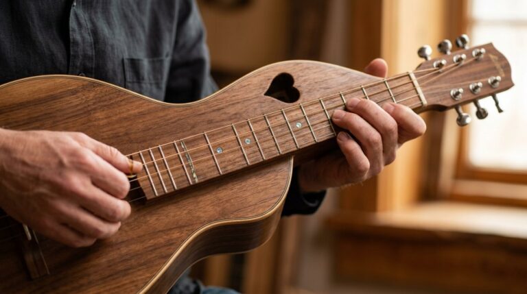 Close-up of hands playing chords on a mountain dulcimer with a wooden body.