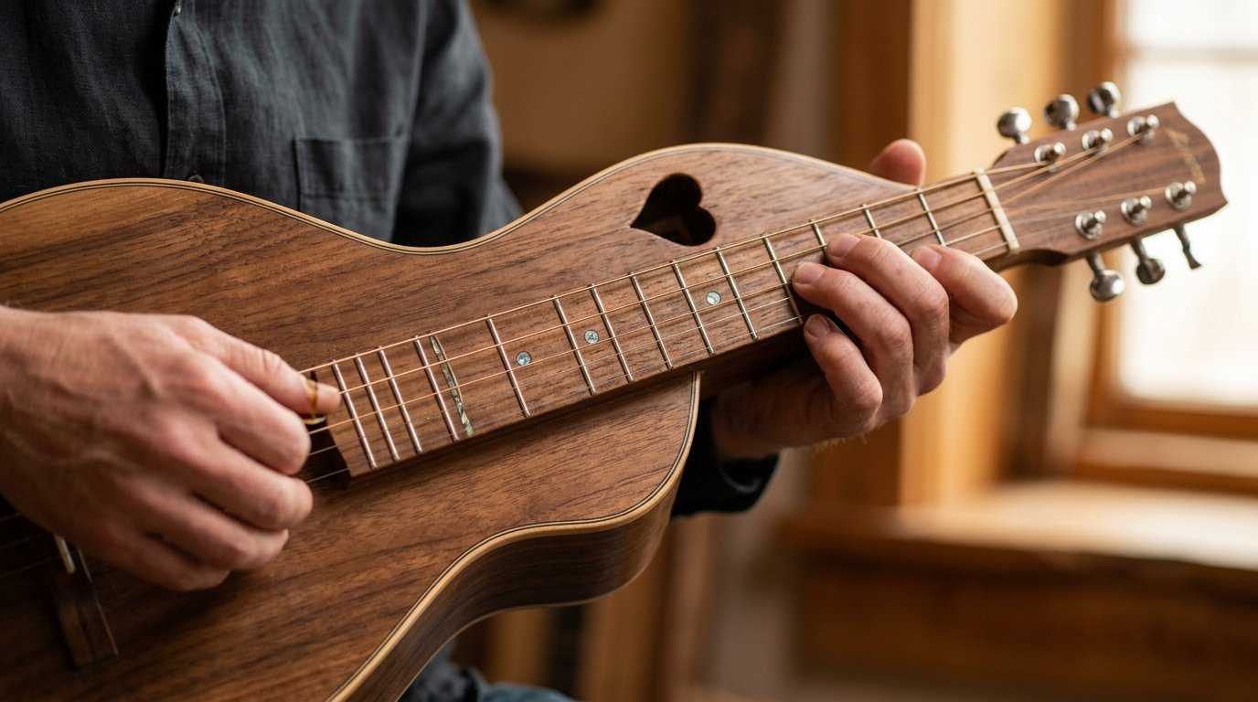 Close-up of hands playing chords on a mountain dulcimer with a wooden body.
