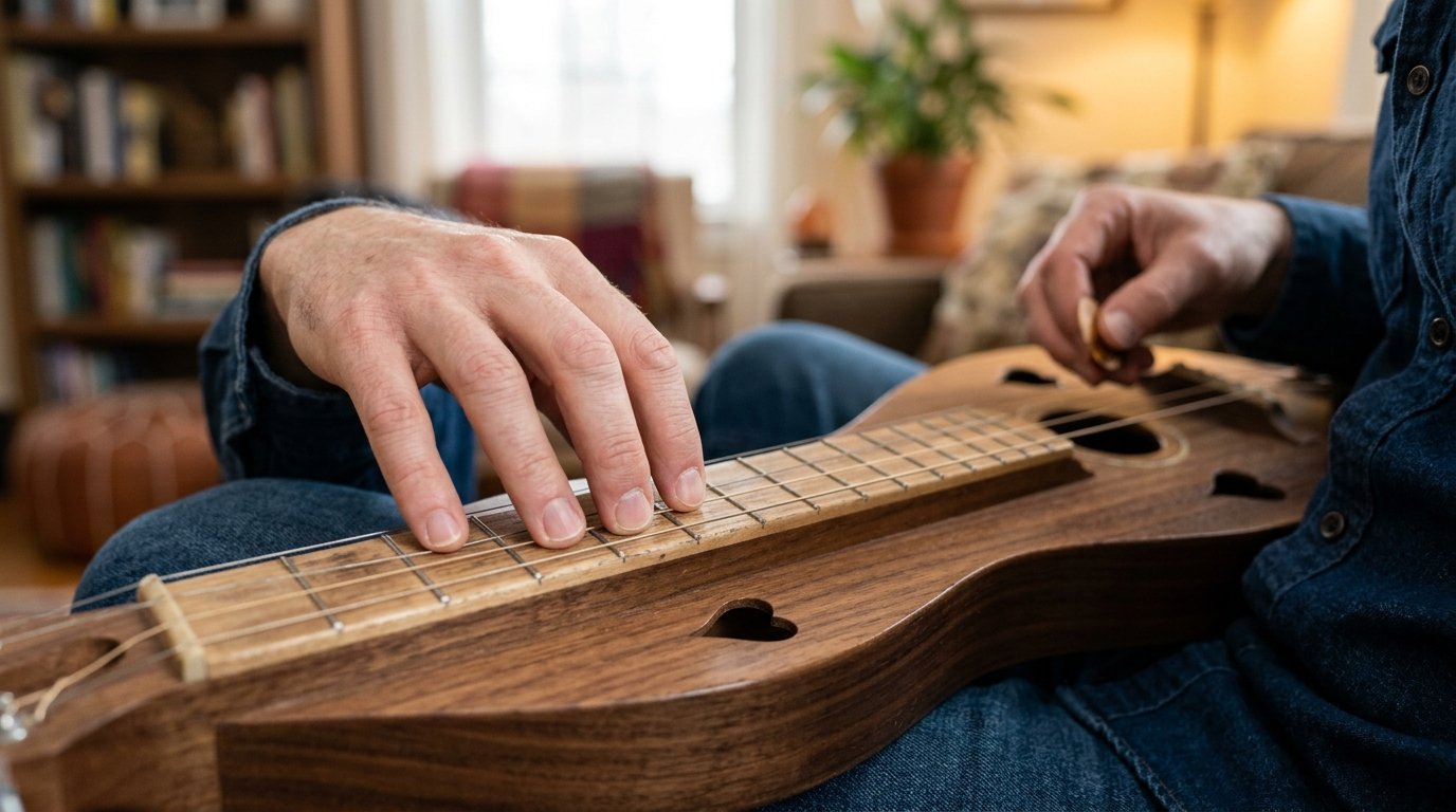Close-up of hands playing chords on a mountain dulcimer resting on a lap.