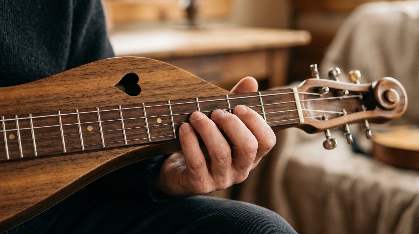 Close-up of a person's hand pressing strings on a mountain dulcimer fretboard.