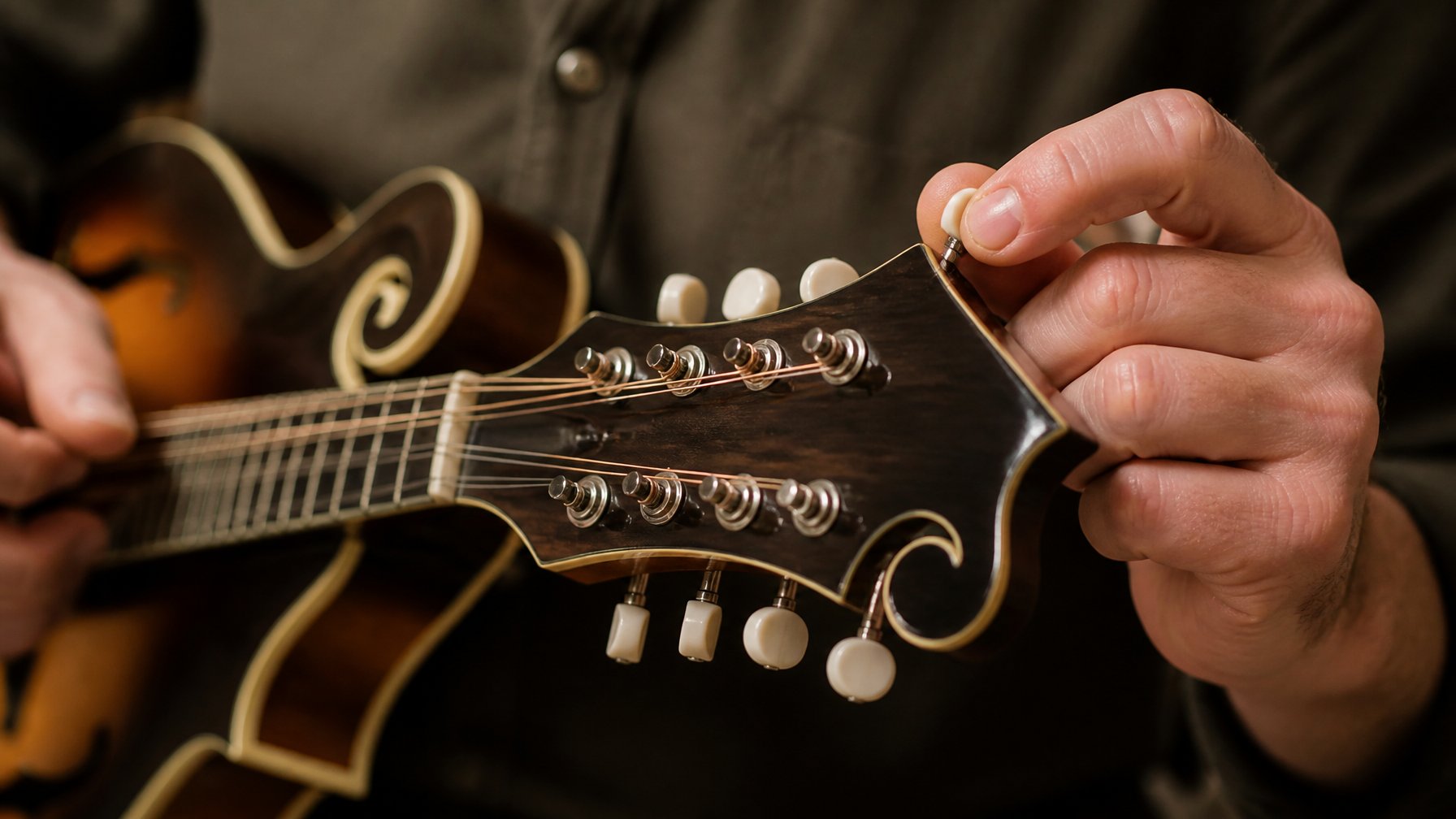 A person tuning a mandolin by adjusting the tuning pegs on the instrument's headstock.