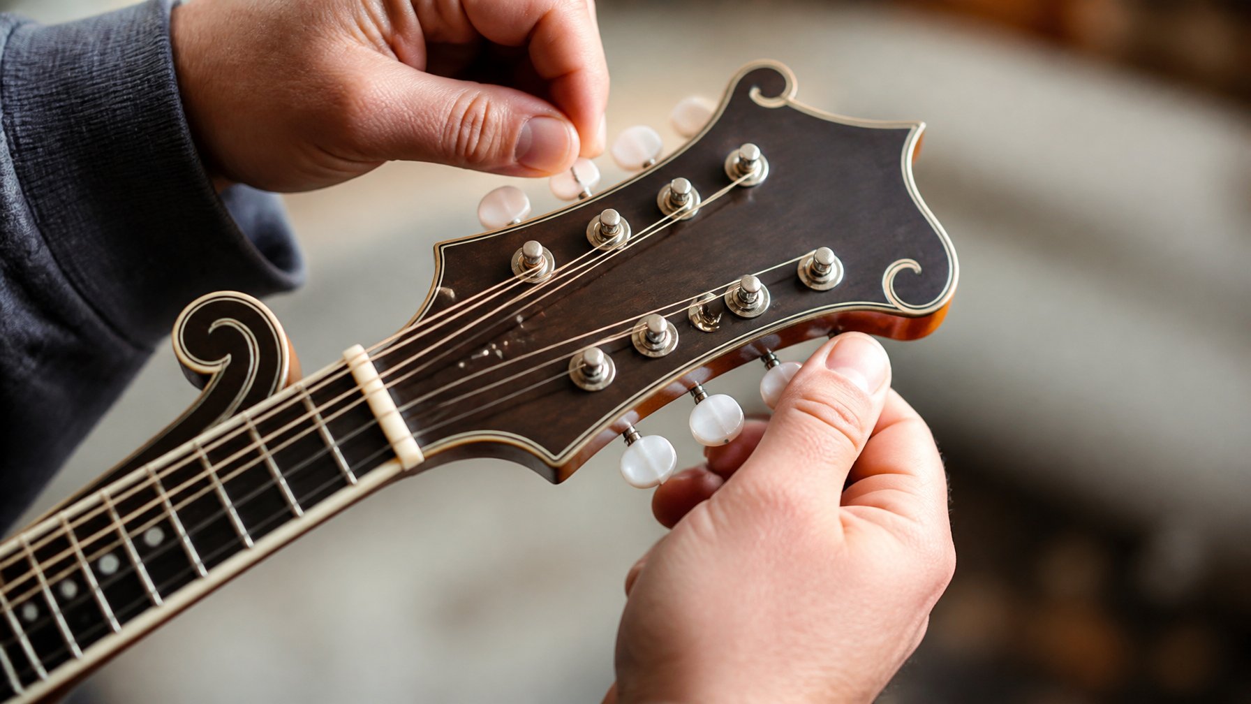 Close-up of hands tuning a mandolin, adjusting the tuning pegs on the instrument.