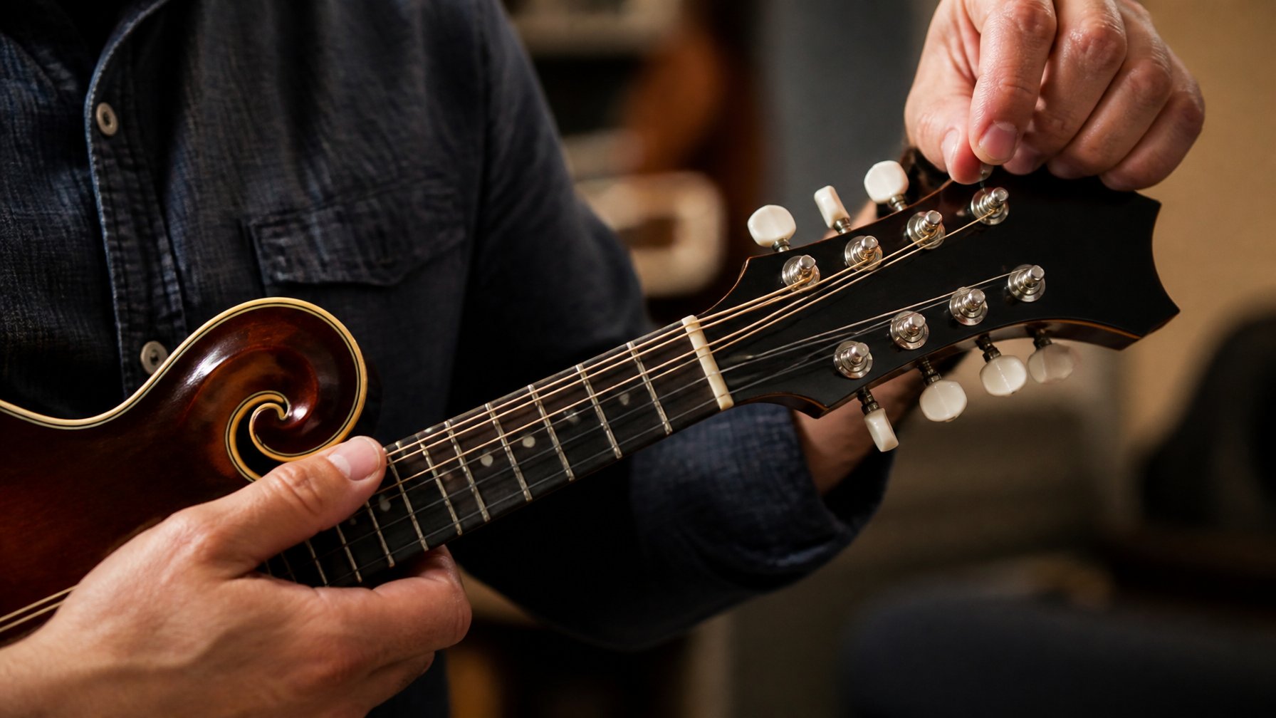 Close-up of hands tuning a wooden mandolin indoors with blurred background.