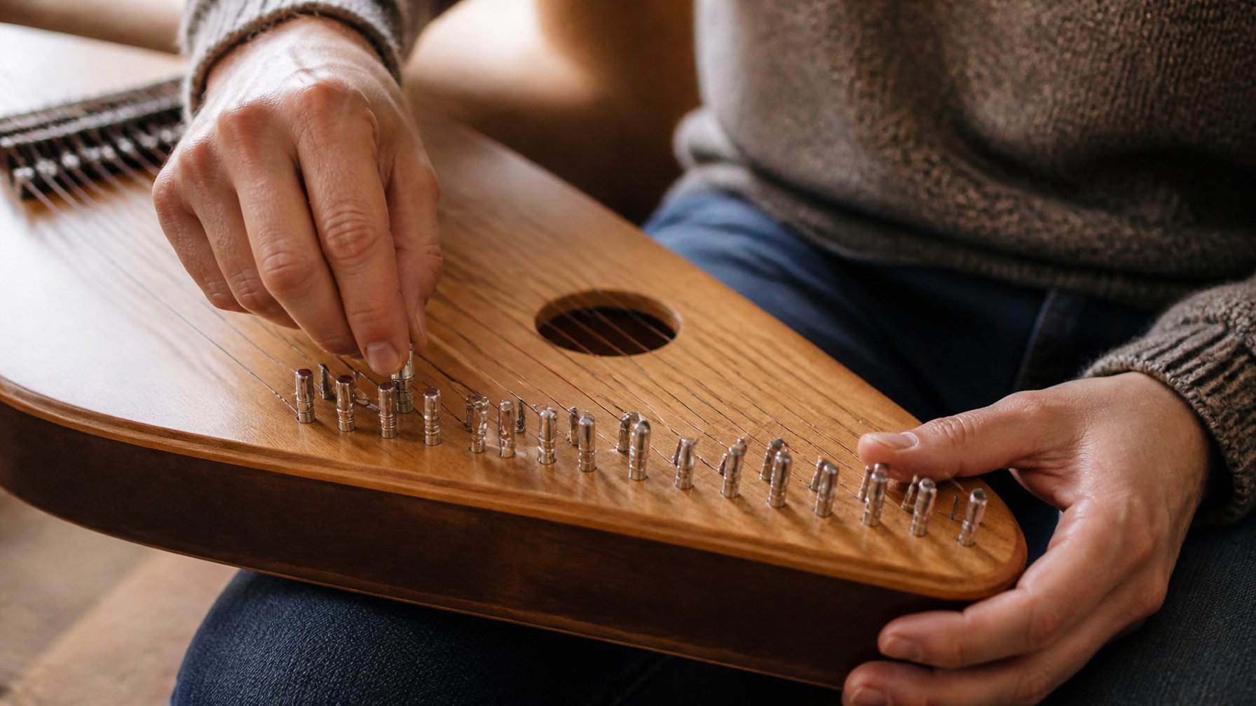 Hands tuning the strings of a wooden autoharp indoors.