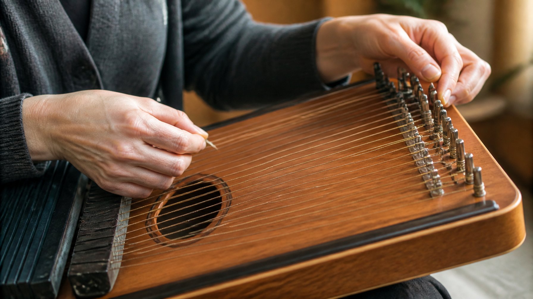 Close-up of hands tuning an autoharp by ear in a softly lit indoor setting.