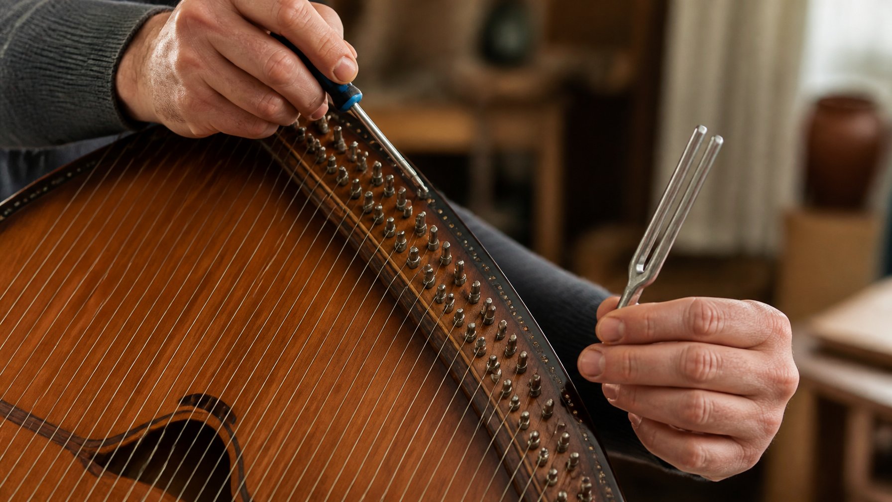 Hands tuning an autoharp using a screwdriver and a tuning fork indoors.