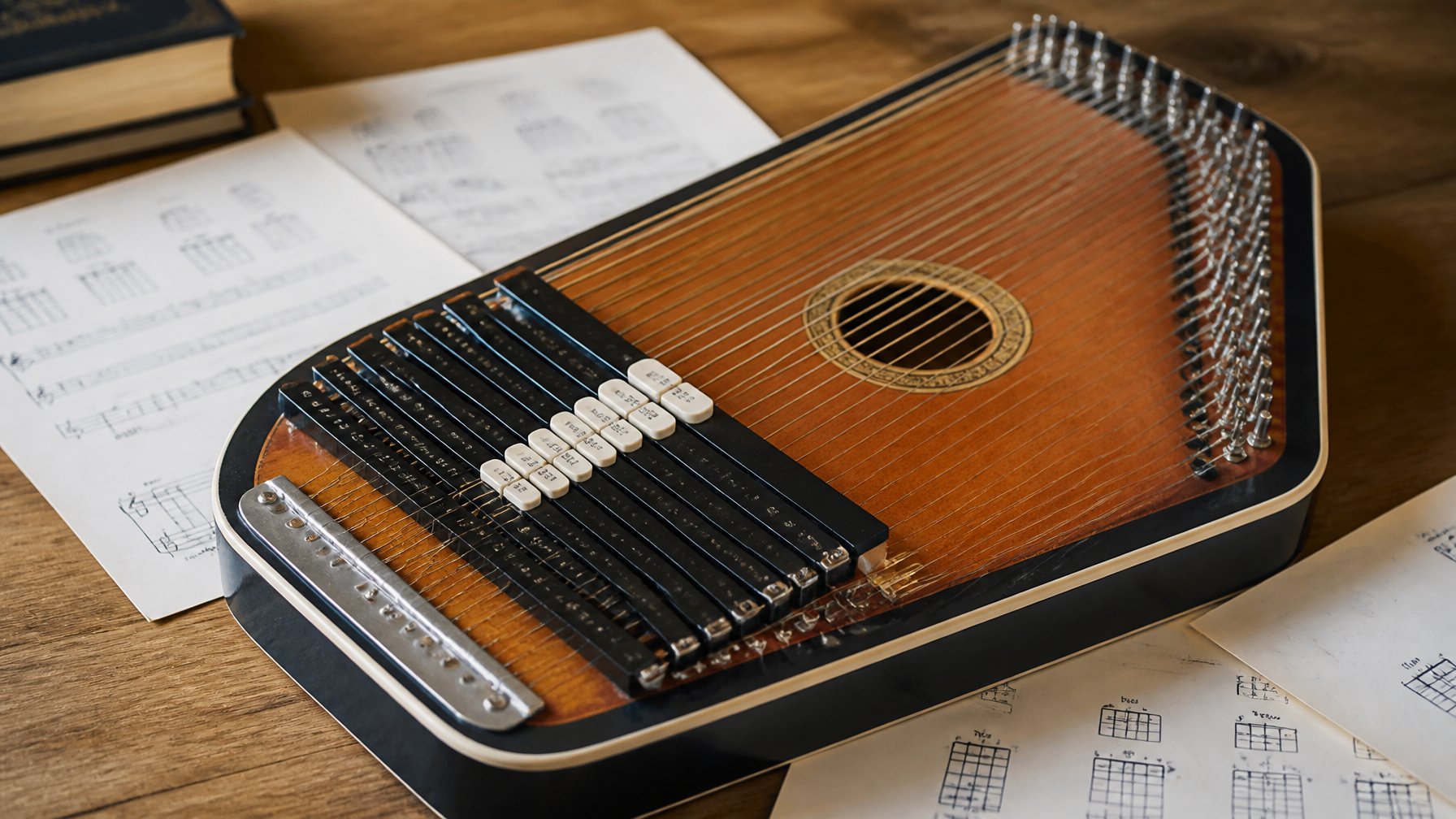 Close-up of an autoharp on a wooden table with sheet music around it.