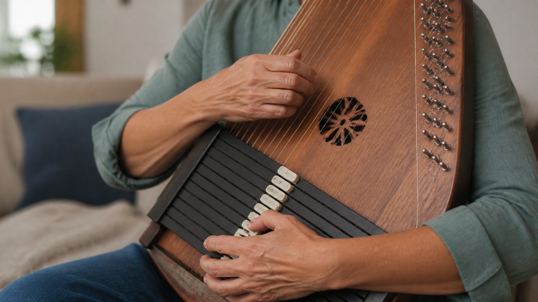 Person holding and strumming an autoharp, showing hands and instrument clearly.
