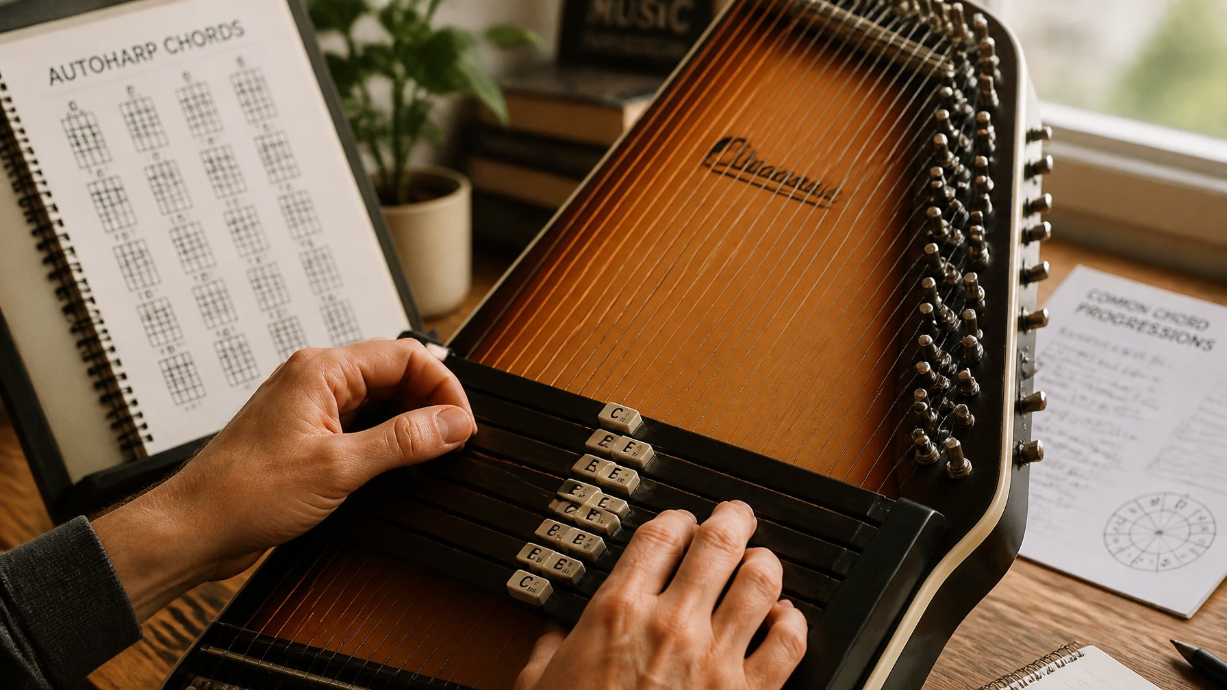 Hands playing an autoharp in a music studio with music sheets in the background.
