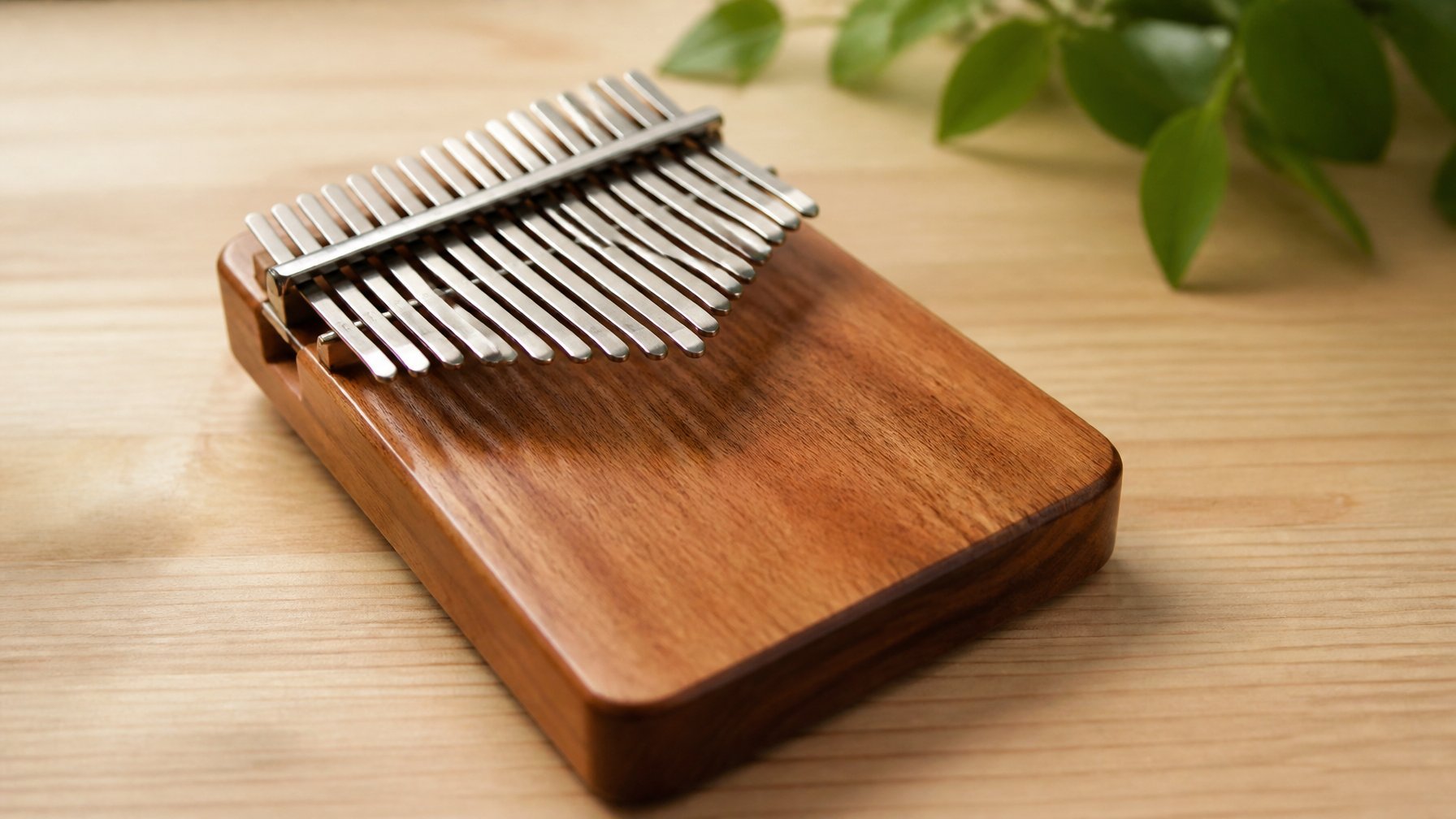 A close-up of a kalimba, a wooden thumb piano with metal tines, resting on a light wooden surface.