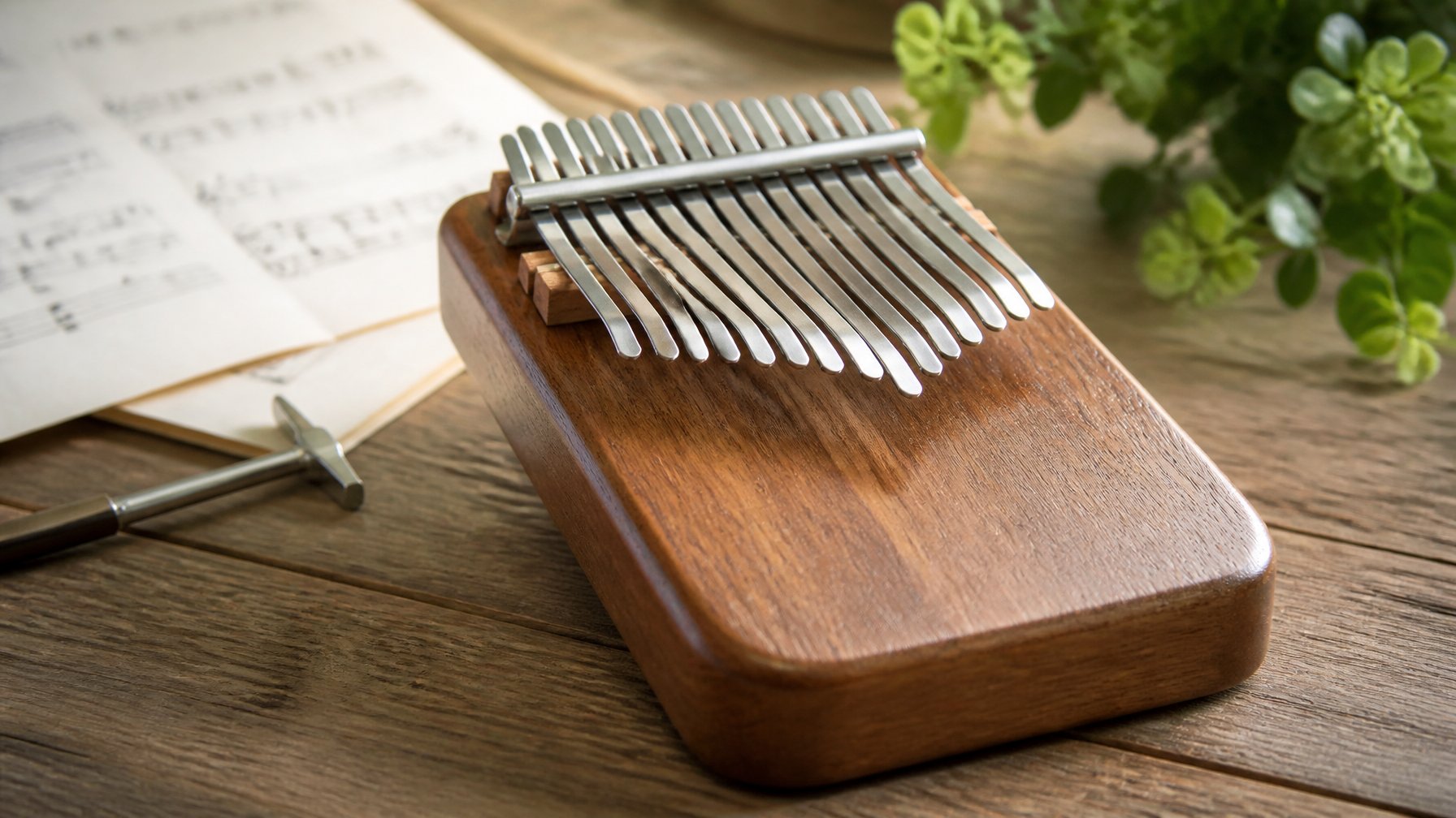 Close-up of a kalimba thumb piano on a wooden table with blurred sheet music and a tuning hammer in the background.