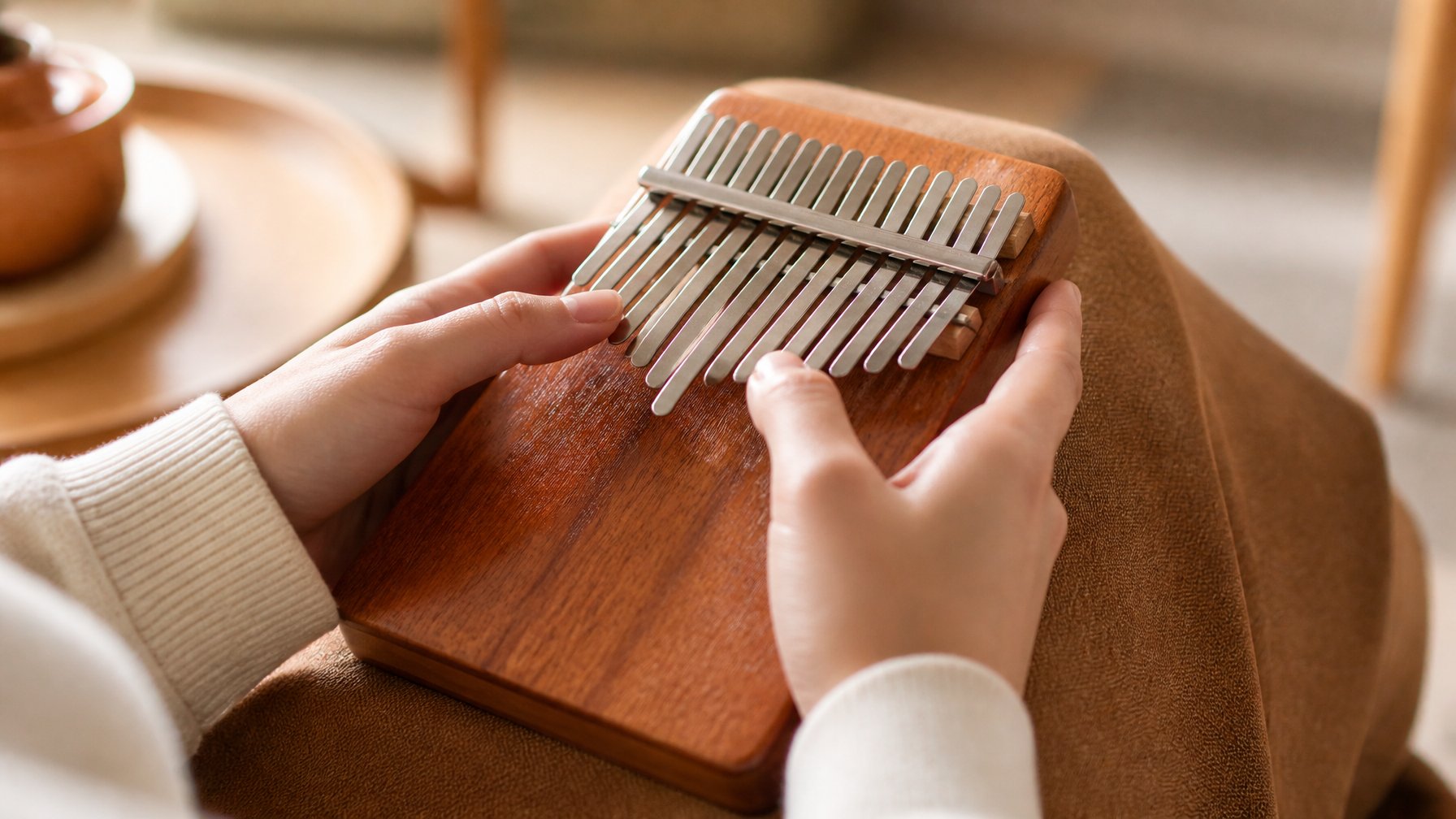Close-up of hands playing a wooden kalimba instrument.
