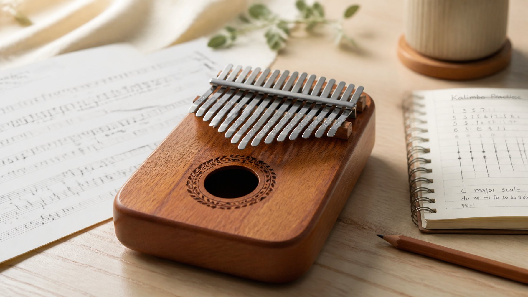 A close-up of a kalimba on a wooden surface with sheet music and a notebook nearby.