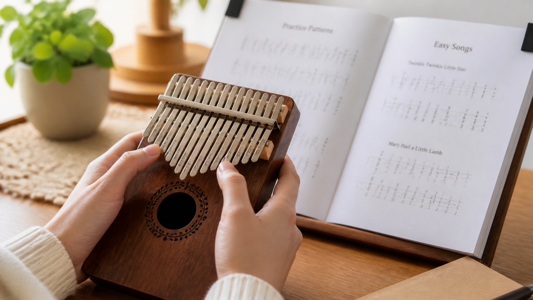 Close-up of hands holding a wooden kalimba with an open music book in the background.