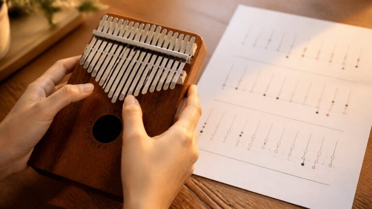 Close-up of hands playing a kalimba with a blurred sheet of music nearby on a wooden table.