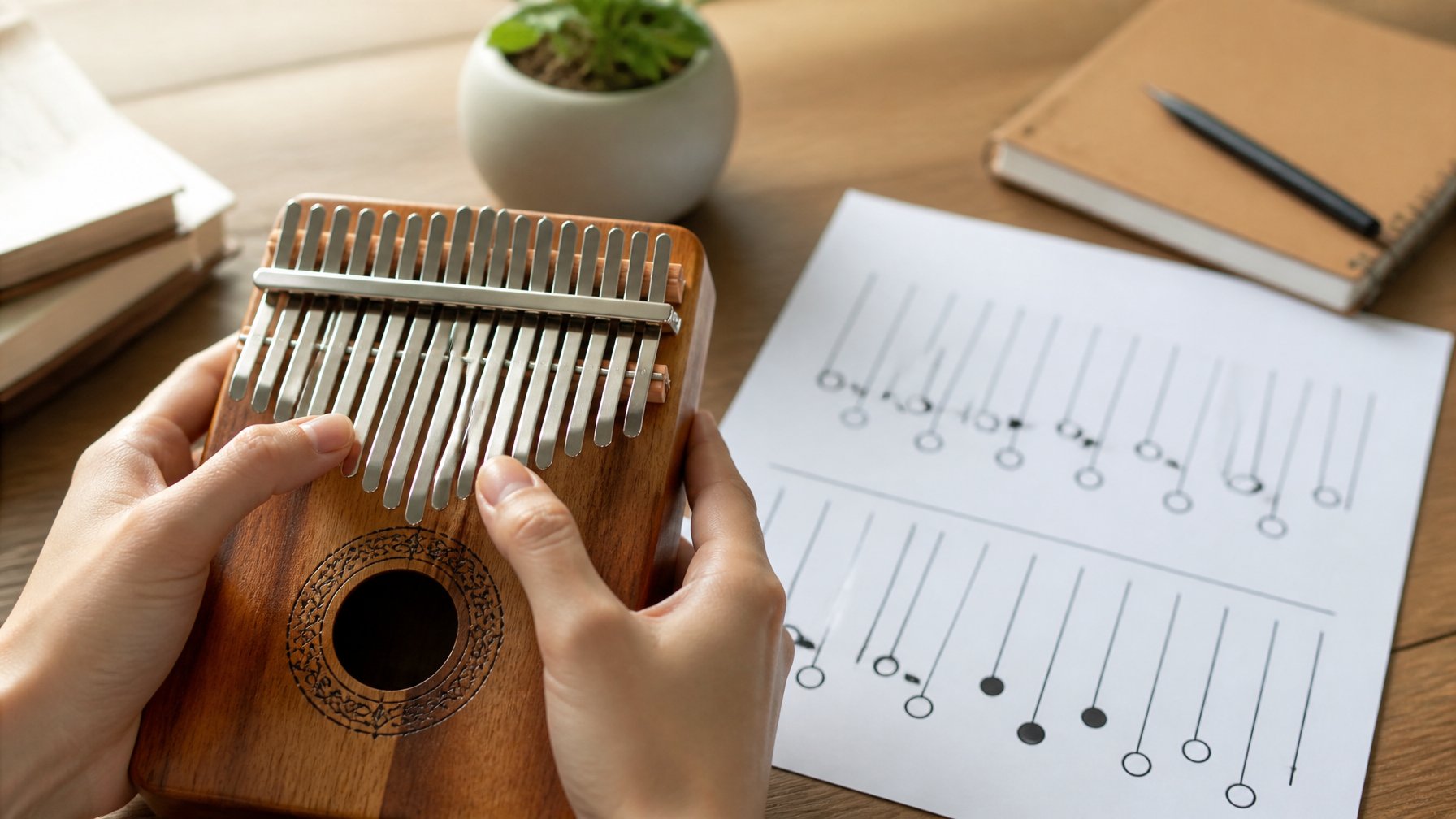 Hands playing a kalimba with a sheet showing musical tabs nearby on a wooden table.