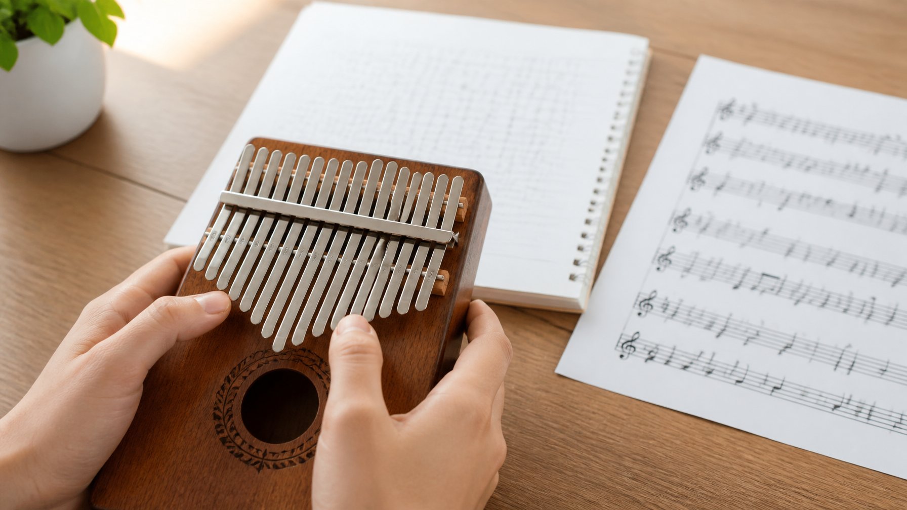 Hands playing a kalimba with sheet music and tabs on a wooden table nearby.