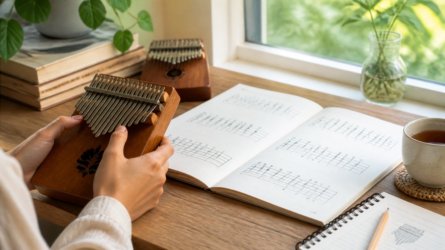 Hands holding a kalimba on a wooden table with music sheets nearby in a bright, cozy room.