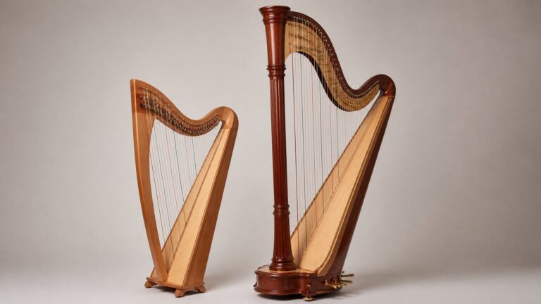 Two harps side by side, one smaller lever harp with levers on the strings and one larger pedal harp with pedals at the base, displayed on a plain background.