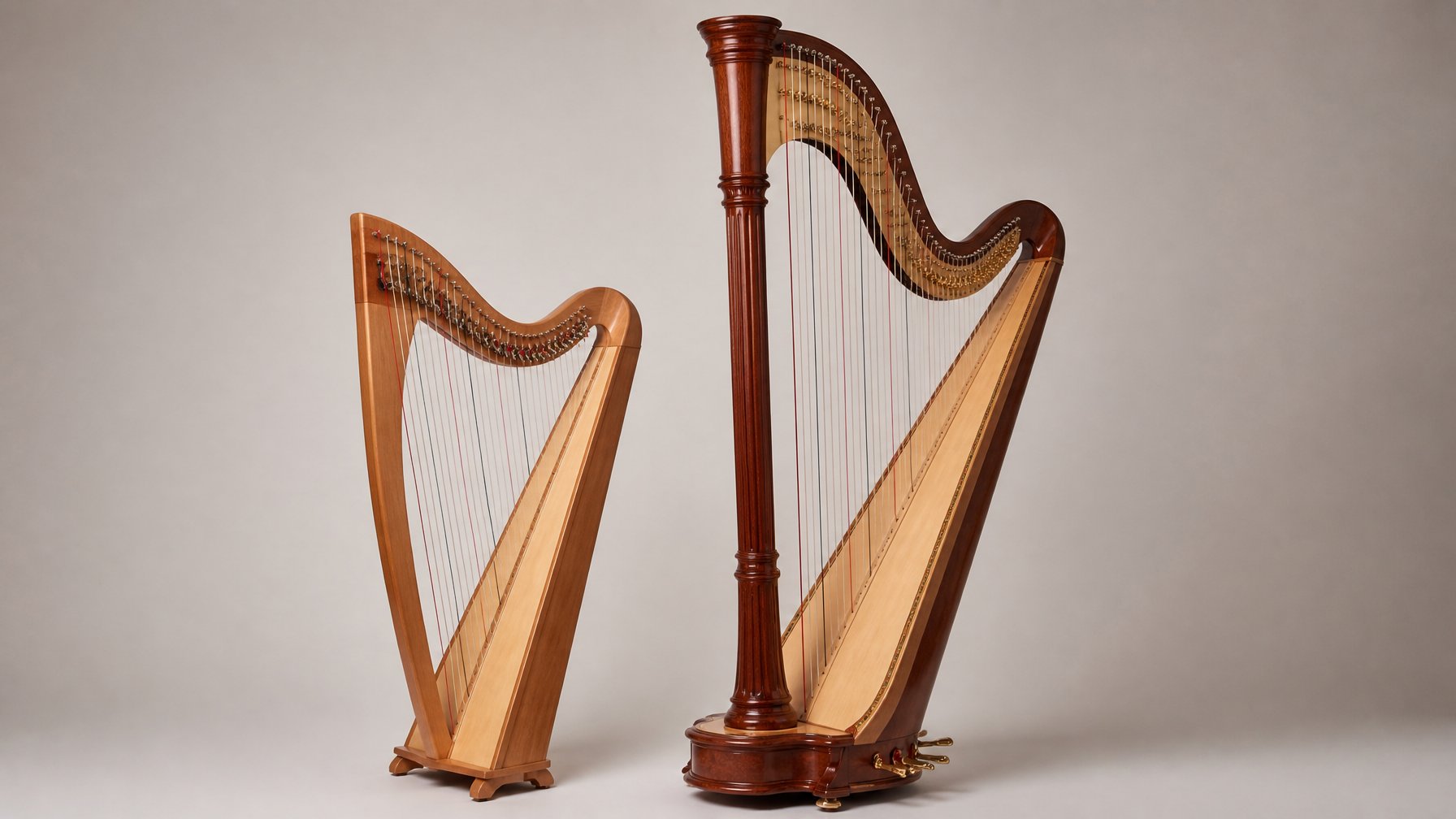 Two harps side by side, one smaller lever harp with levers on the strings and one larger pedal harp with pedals at the base, displayed on a plain background.