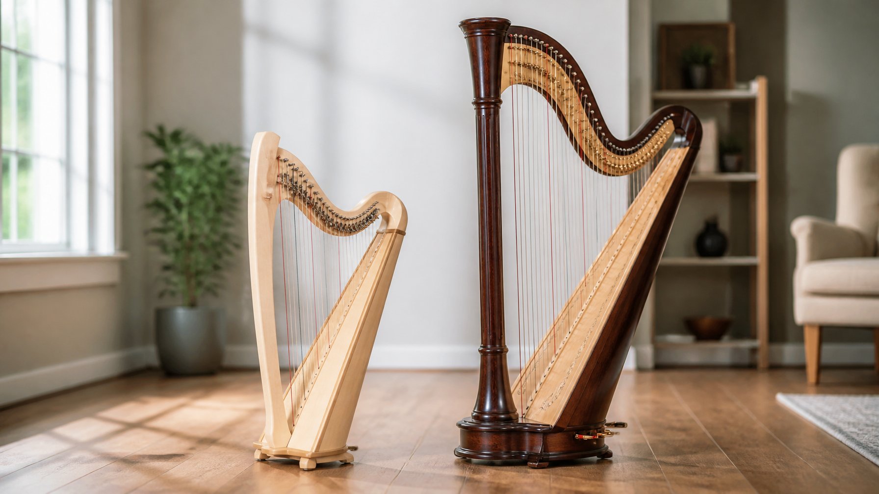 A lever harp and a pedal harp standing side by side on a wooden floor in a bright room, showing their size and design differences.
