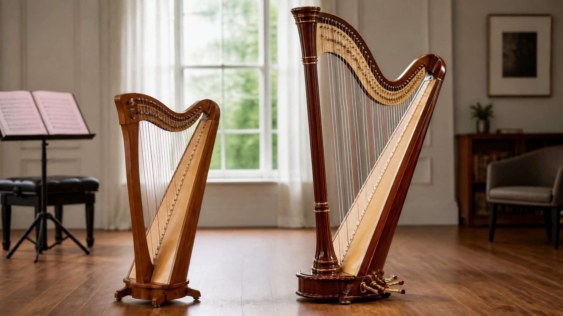 A lever harp and a pedal harp standing side by side in a music studio with natural light and musical accessories in the background.