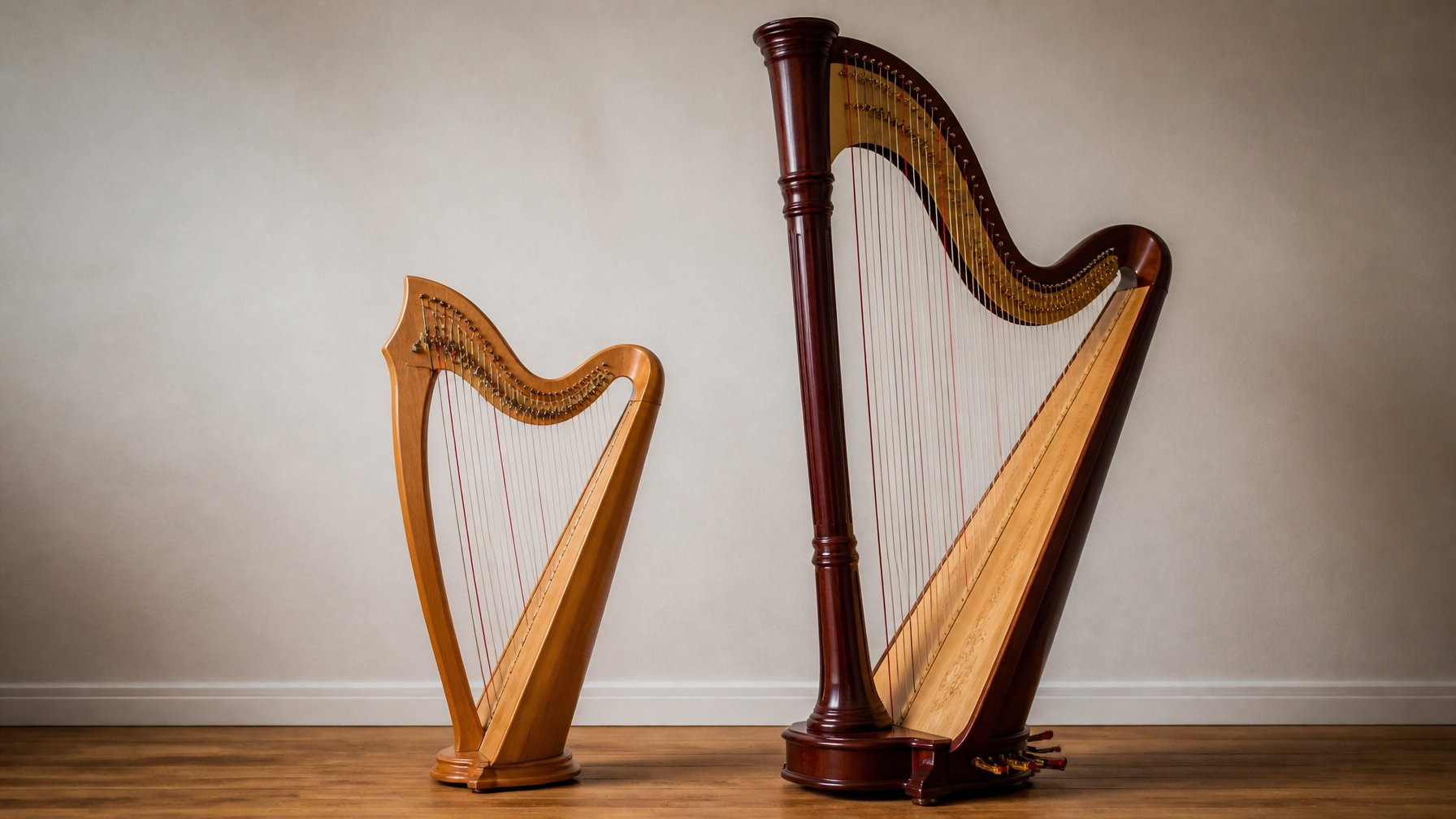Two harps side by side on a wooden floor, one smaller lever harp and one larger pedal harp, showing their different designs.