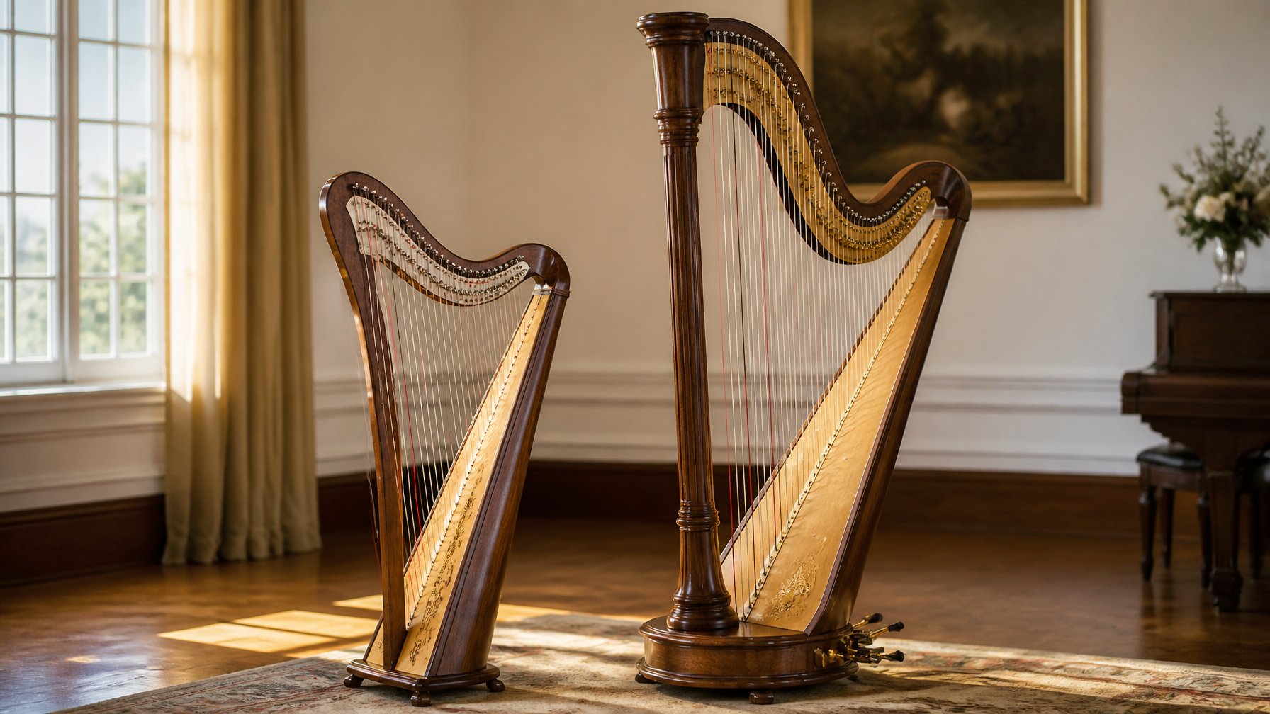 A lever harp and a pedal harp displayed side by side in a music room with natural lighting.