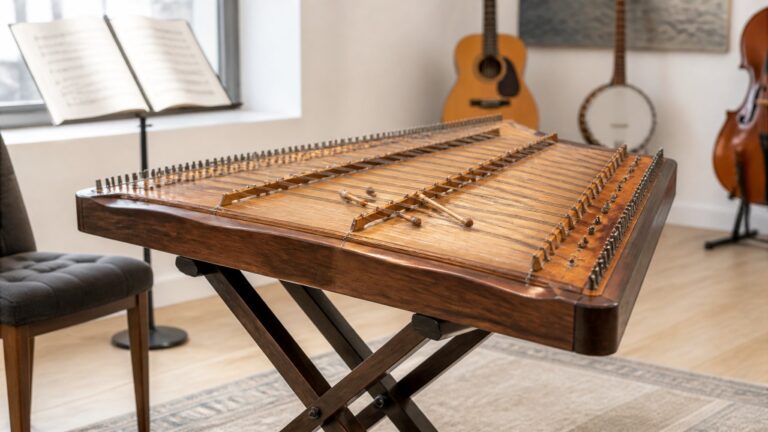 A hammered dulcimer resting on a sturdy stand in a bright music studio with other instruments in the background.
