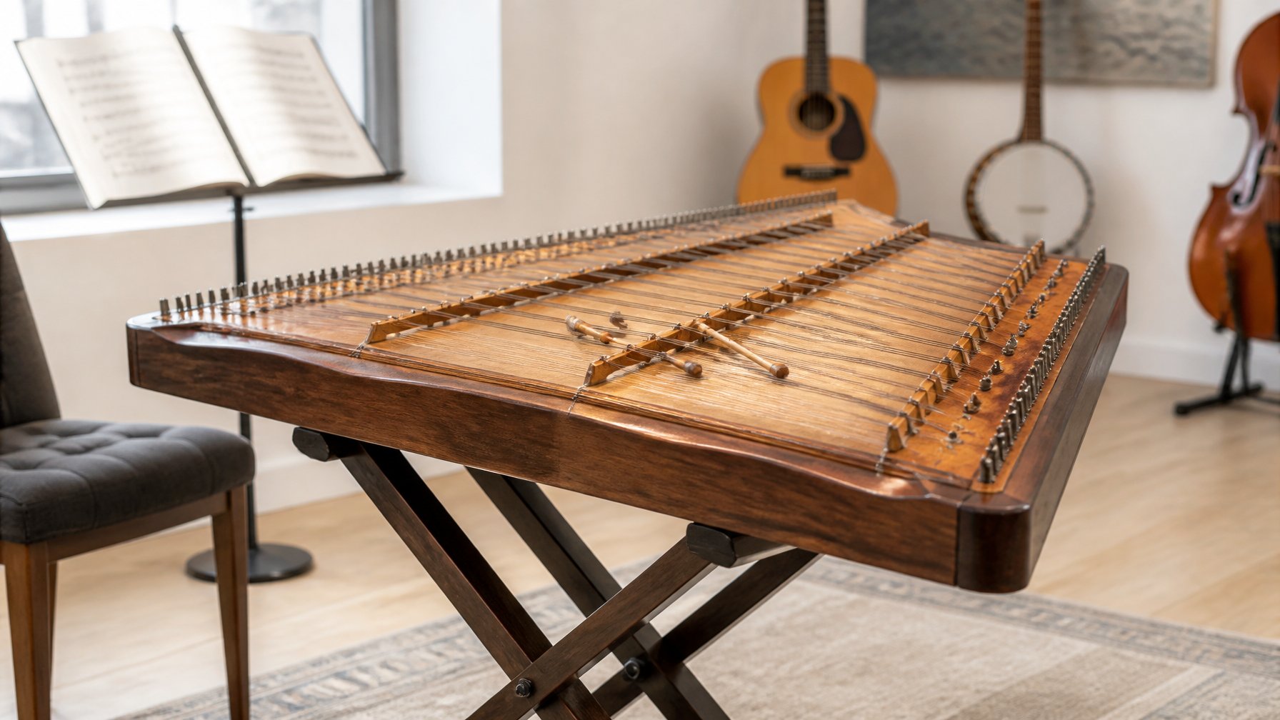 A hammered dulcimer resting on a sturdy stand in a bright music studio with other instruments in the background.