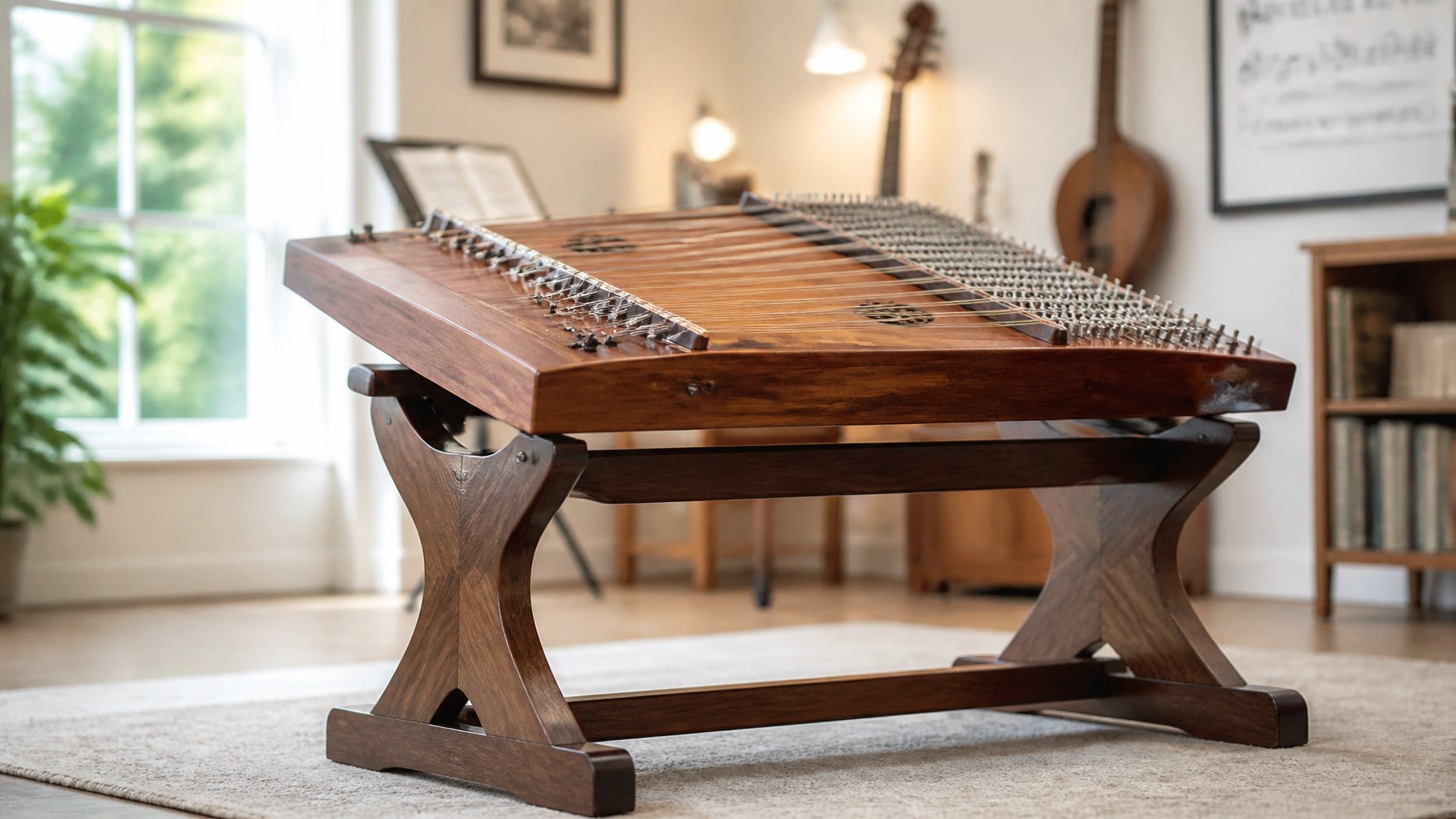A hammered dulcimer resting on a wooden stand in a bright music studio with blurred musical instruments in the background.