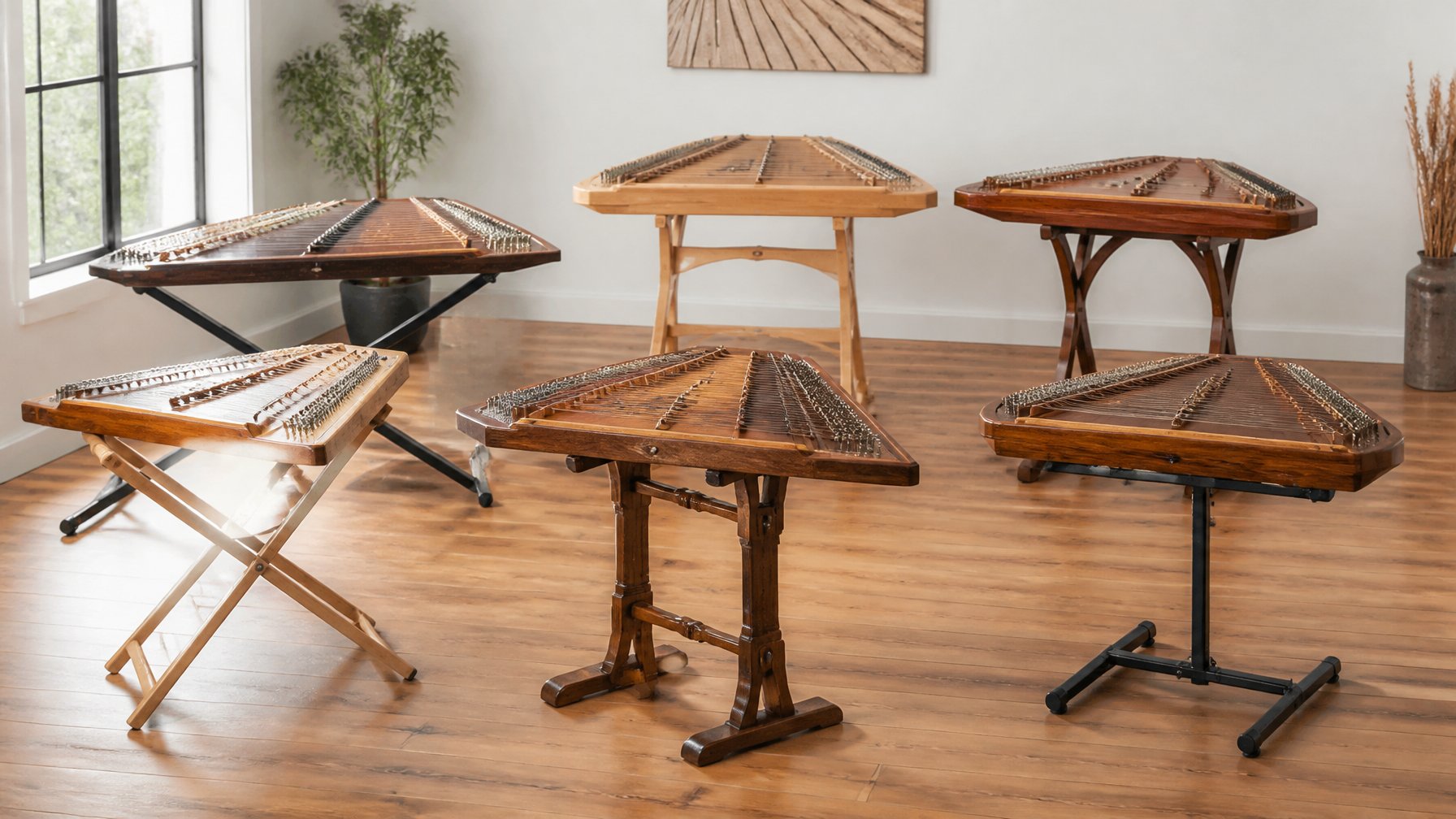 Various hammered dulcimer stands holding instruments displayed in a music studio setting.
