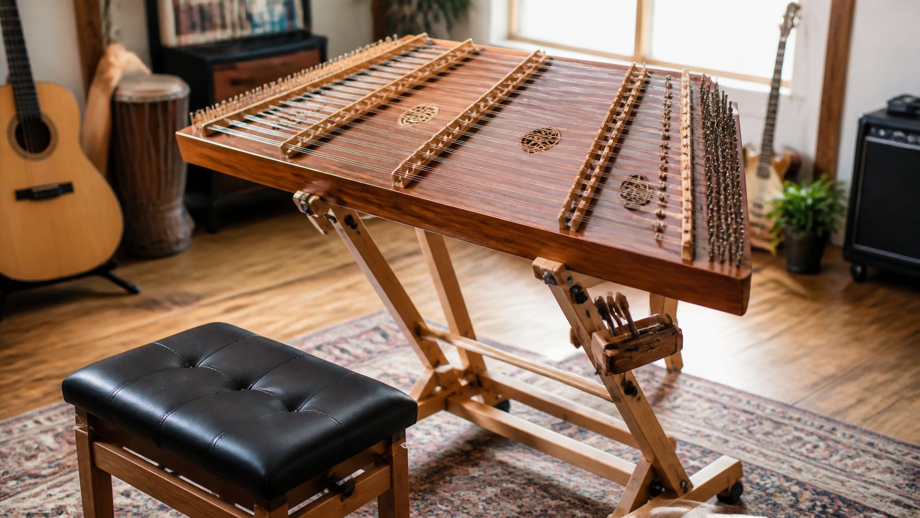 A hammered dulcimer securely placed on an adjustable wooden stand in a music studio with a cushioned bench nearby.