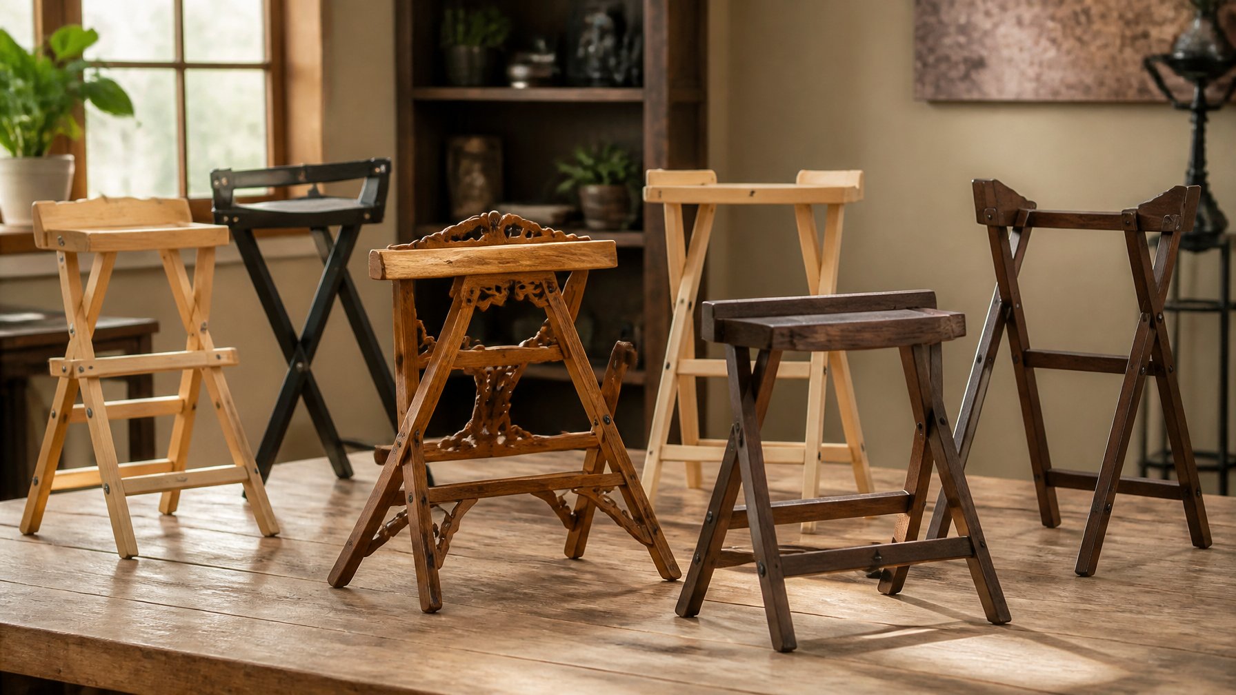 Several hammered dulcimer stands of different styles and materials displayed on a wooden table in a bright room.