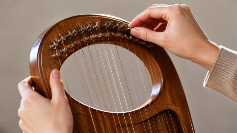 Hands tuning the strings of a wooden lyre harp.