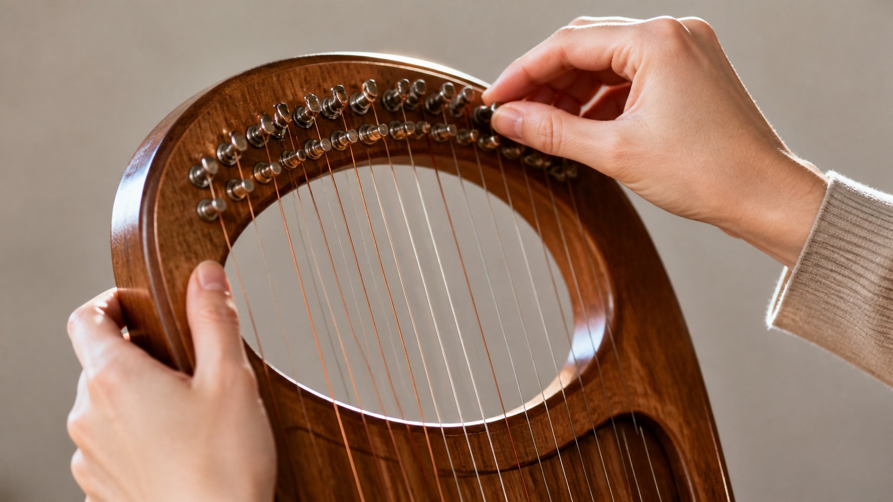 Hands tuning the strings of a wooden lyre harp.