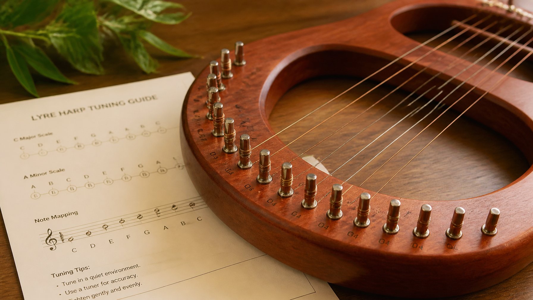 Close-up of a lyre harp with tuning pegs and strings, next to a sheet showing musical notes and scales on a wooden table.