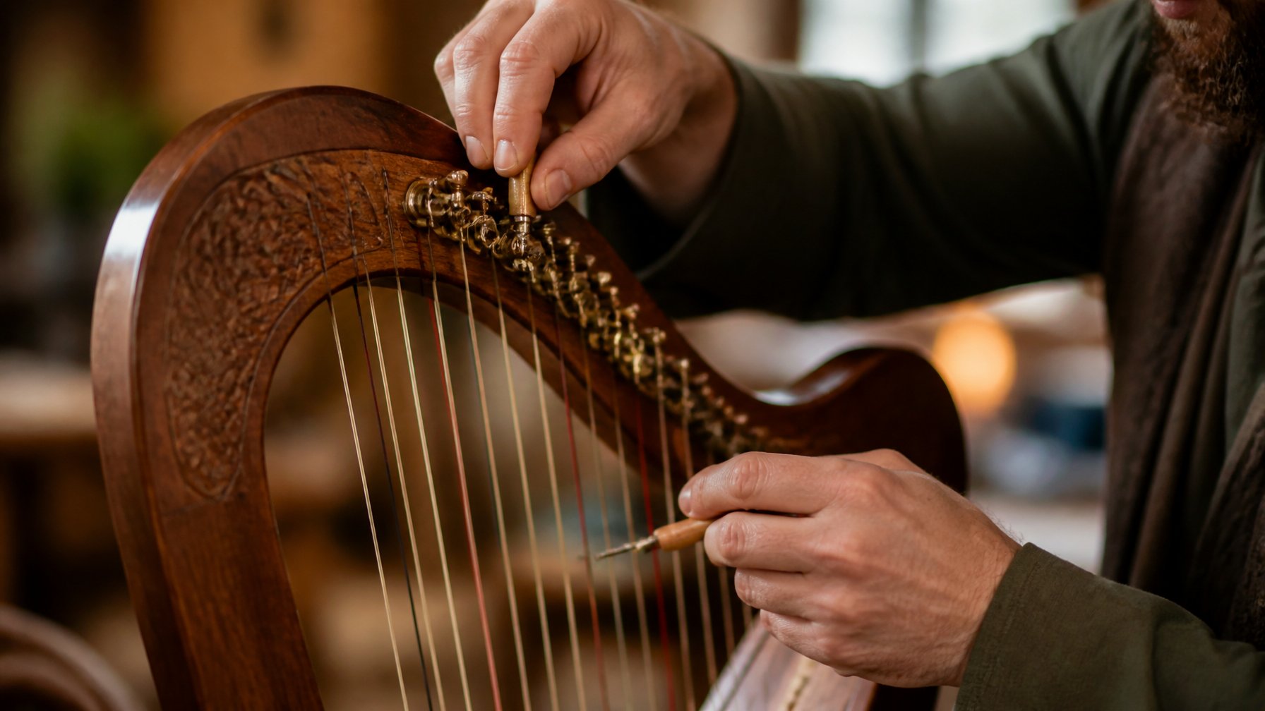 Close-up of hands tuning a lyre harp with strings and tuning pegs visible in a softly lit room.