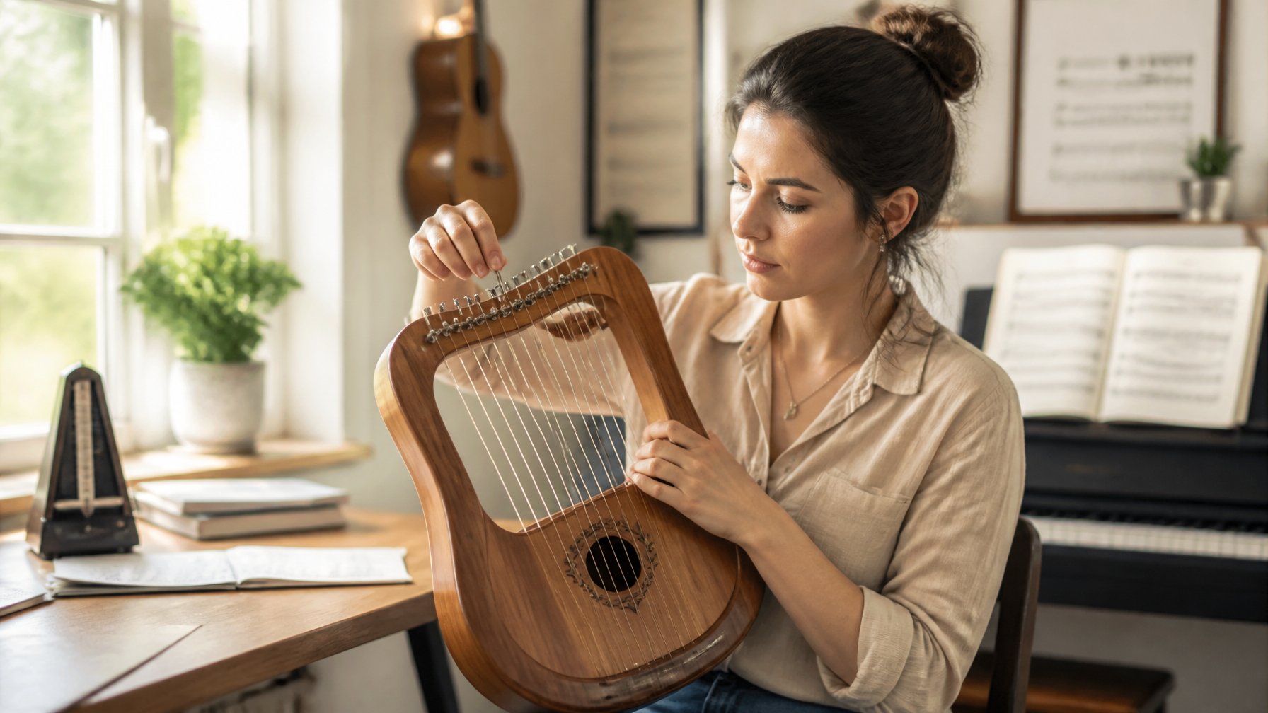 A young woman tuning a lyre harp in a bright music studio, looking focused and confident.